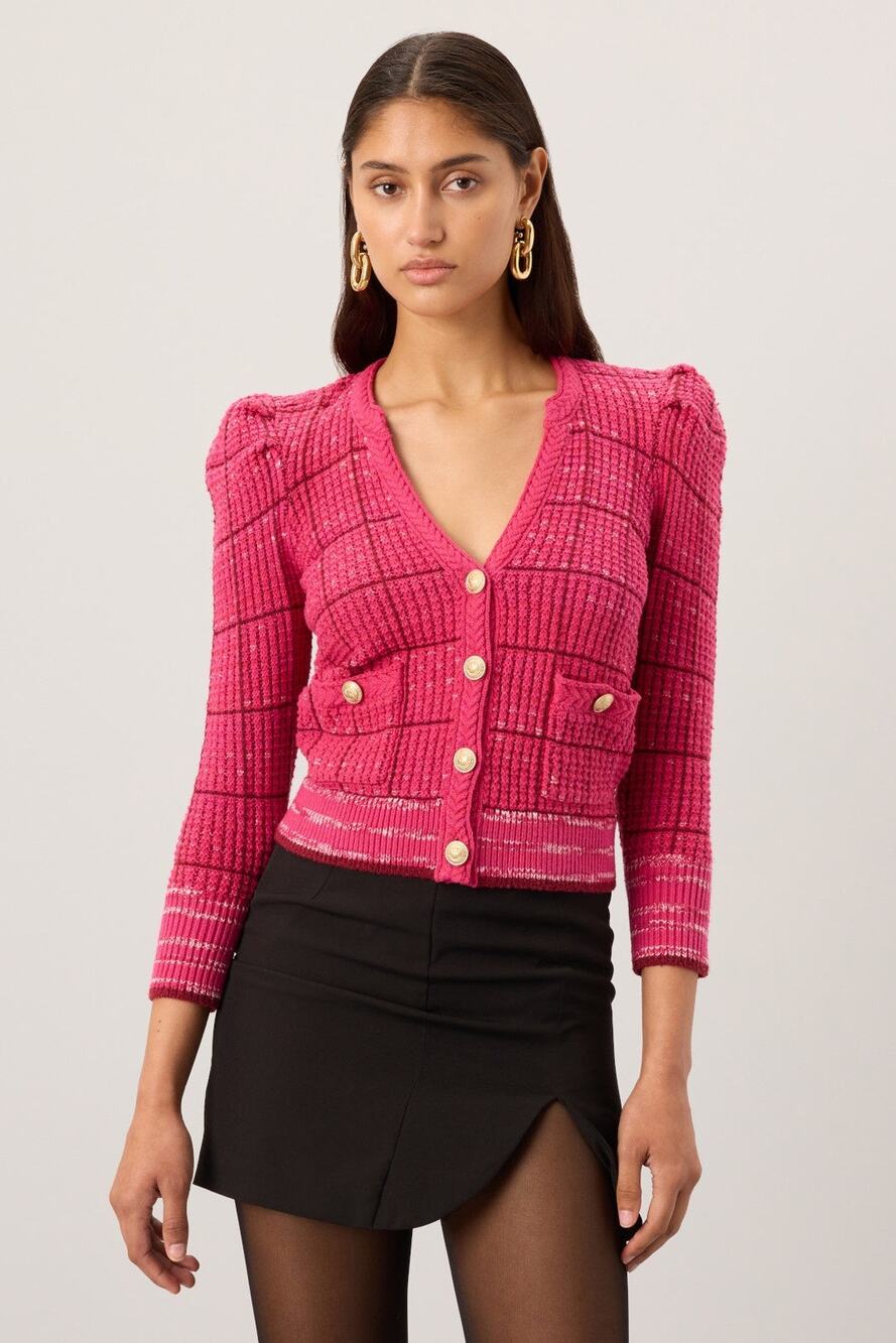 L'AGENCE Jenni Pink Tweed Knit Cardigan Gold Button Jacket Sweater XS $475